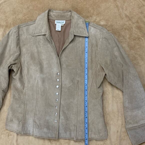 Coldwater Creek Jacket Size Petite Medium Tan Leather Blazer Snap Front - Picture 7 of 9